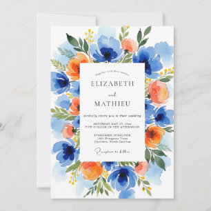Invitation Mariage Botanique Vibrant Orange Bleu
