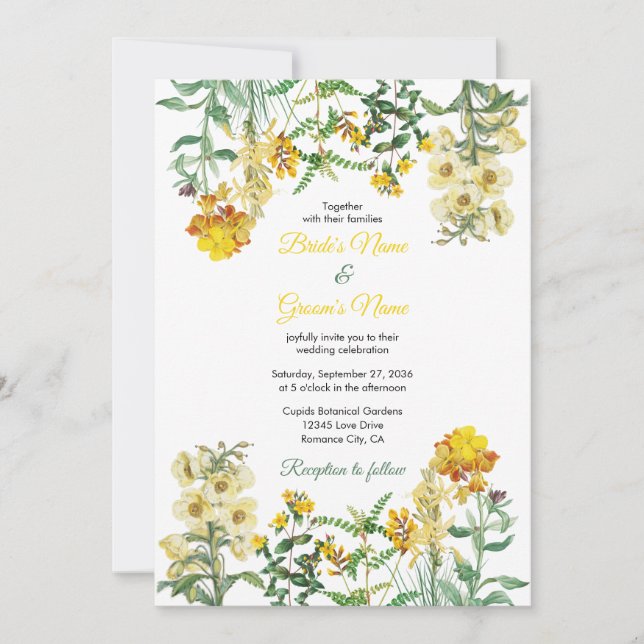 Invitation Mariage botanique vintage jaune Aquarelle (Devant)