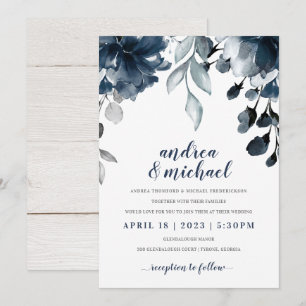 Invitation Mariage Bouquet Floral Aquarelle Bleu Marine