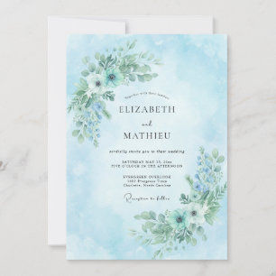 Invitation Mariage Bouquet Peint Ciel Azur