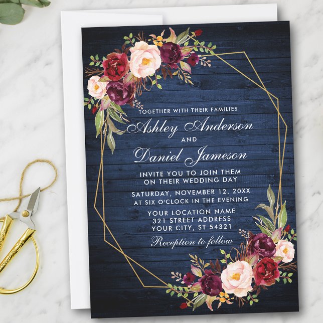 Invitation Mariage Bourgogne Floral Bleu Bois Géométrique Or (Customize to add more text or photos to back of card.)