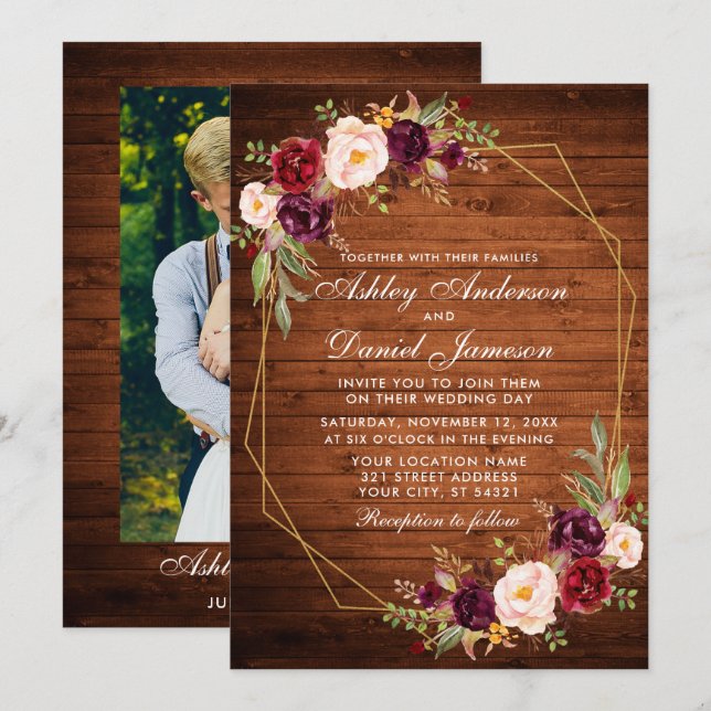 Invitation Mariage Bourgogne Floral Bois Photo Cadre géométri (Devant / Derrière)