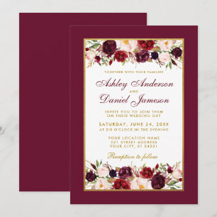 Invitation Mariage Bourgogne Floral Élégant Or Blanc