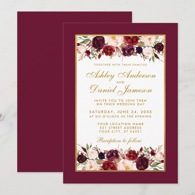 Invitation Mariage Bourgogne Floral Or Blanc Élégant (Devant / Derrière)