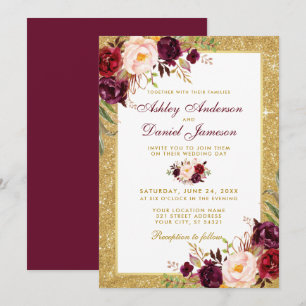 Invitation Mariage Bourgogne Floral Parties scintillant d'or 