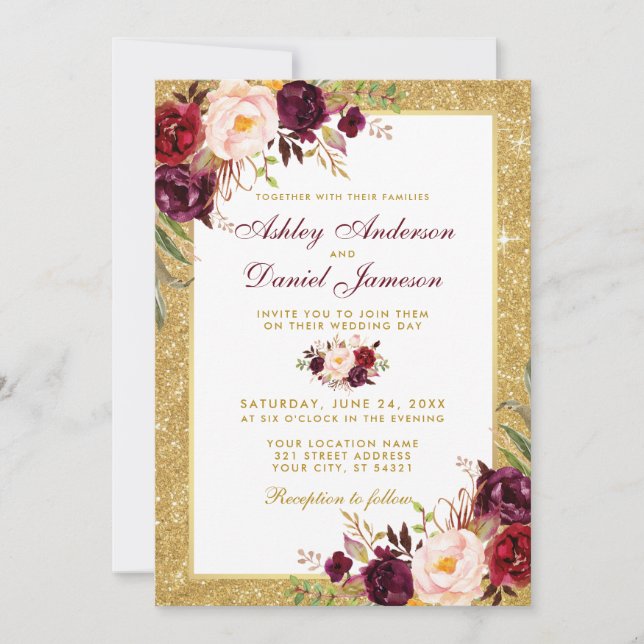 Invitation Mariage Bourgogne Floral Parties scintillant or In (Devant)