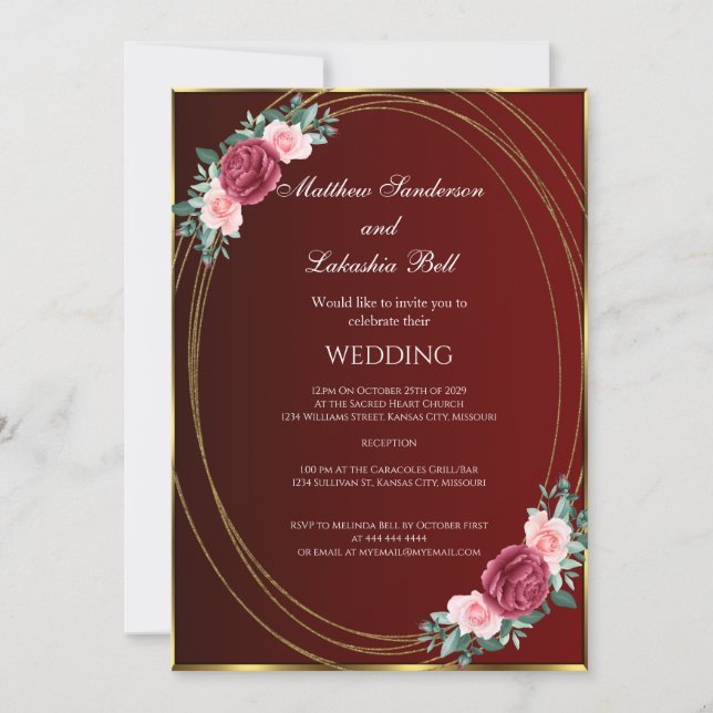 Invitation Mariage Bourgogne or rose rouge Fleurs Classique (Devant)