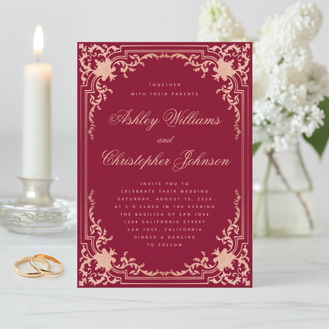 Invitation Mariage Bourgogne Rose Rose Or Vintage Élégant (Créateur téléchargé)