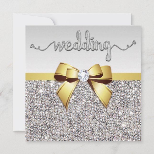 Invitation Mariage Bow Or Sequins Argent Faux (Devant)