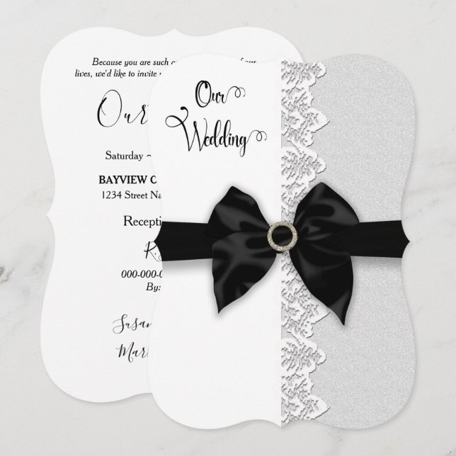 Invitation Mariage, Bow/Ruban noir, Bordure de dentelle (Faux (Devant / Derrière)