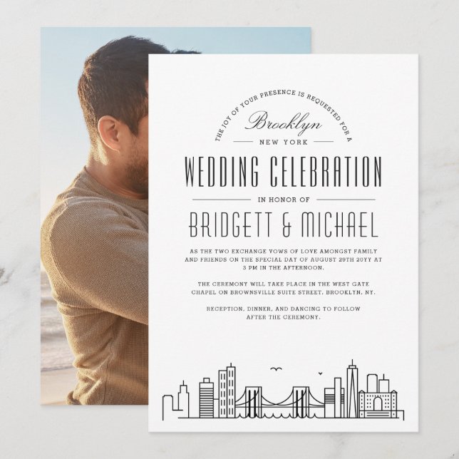 Invitation Mariage Brooklyn | Ligne Skyline Déco Moderne (Devant / Derrière)