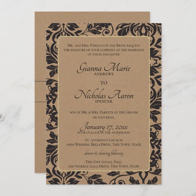 Invitation Mariage Brown Damask Natural Kraft (Devant / Derrière)