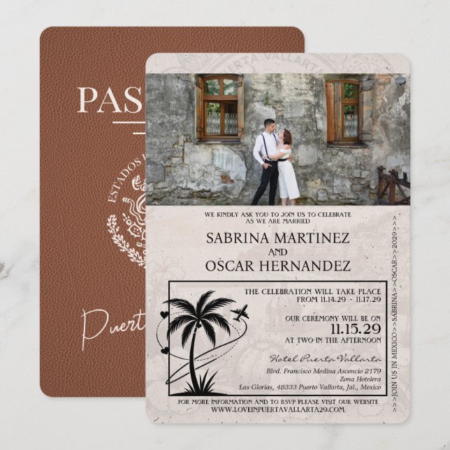 Invitation Mariage Brown du passeport Puerta Vallarta (Devant / Derrière)
