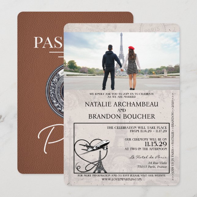 Invitation Mariage Brown Paris Passport (Devant / Derrière)