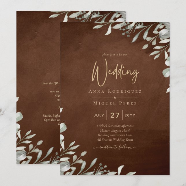 Invitation Mariage Brown vert automne hiver (Devant / Derrière)