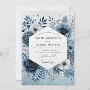 Invitation Mariage Brume Florale Bleu Acier