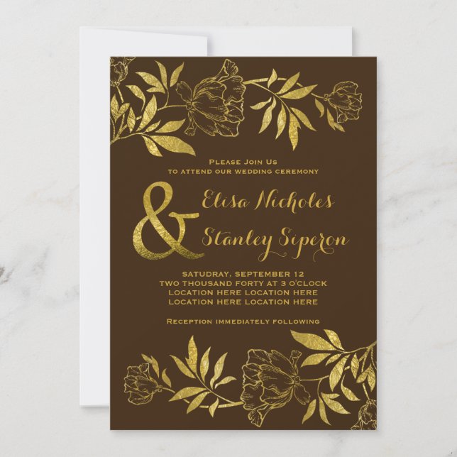 Invitation Mariage brun fleuri à feuille d'or (Devant)