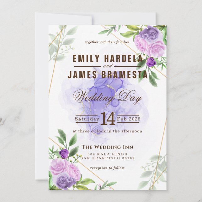 Invitation Mariage budget couleur rose violet de l'aquarelle (Devant)