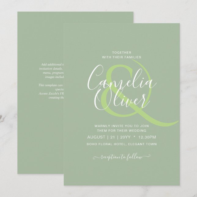 Invitation MARIAGE BUDGET Sage Apple Green Monochrome Texte (Devant / Derrière)