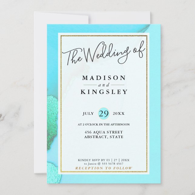 Invitation Mariage budgétaire Abstrait Inky Aqua Fab (Devant)