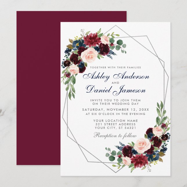 Invitation Mariage Burgundy Bleu Floral Géométrique Argent (Devant / Derrière)