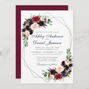 Invitation Mariage Burgundy Bleu Floral Géométrique Argent