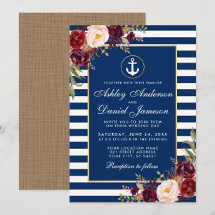 Invitation Mariage Burgundy Bleu Nautique Bleu rayures Invita
