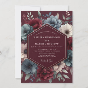 Invitation Mariage Burgundy & Blue Shadowy Bloom