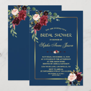 Invitation Mariage Burgundy Navy Blue Floral Cadre Doré