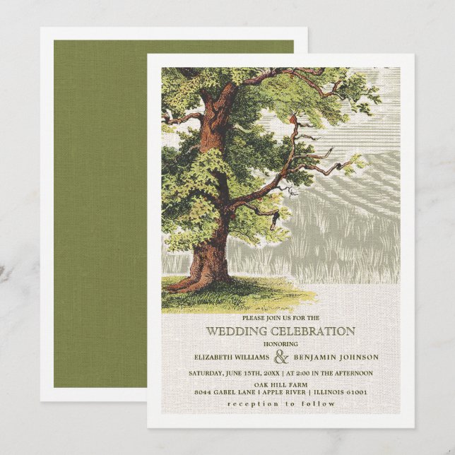 Invitation Mariage Burlap en chêne Vintage beige vert (Devant / Derrière)