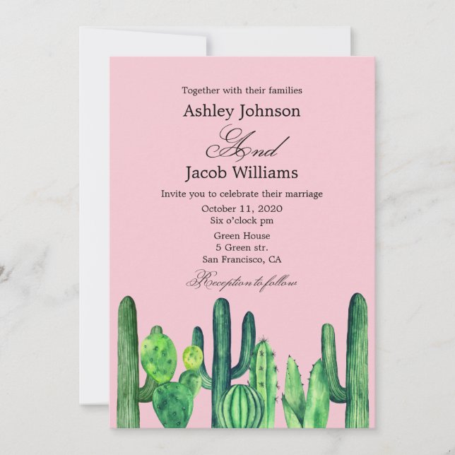 Invitation Mariage Cactus. Vert succulent. Rose moderne (Devant)