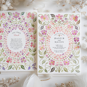 Invitation Mariage cadre de pétale floral rose et violet capr