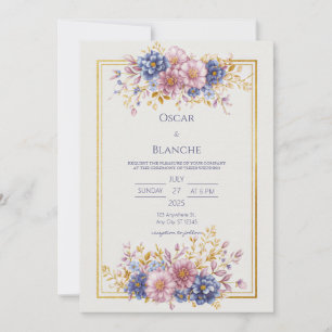 Invitation Mariage Cadre Doré Botanique Bleu Mauve
