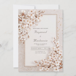 Invitation Mariage Cadre Doré Fleur de Cerisier Blanc Romanti