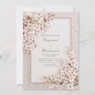 Invitation Mariage Cadre Doré Fleur de Cerisier Blanc Romanti