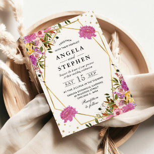 Invitation Mariage Cadre Doré Fleurs d'Été Rose et Jaune