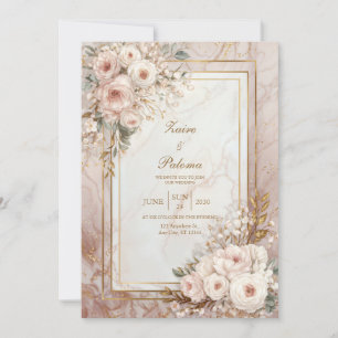 Invitation Mariage Cadre Doré Marbre Rose Fardé