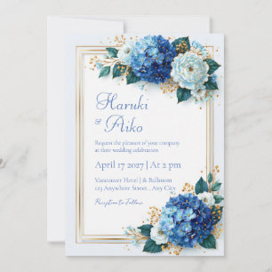Invitation Mariage Cadre Floral Doré Hortensia Cobalt