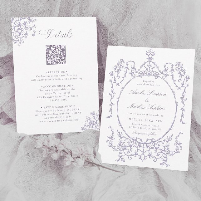 Invitation Mariage cadre lavande Tout en Un               (Front & Back)