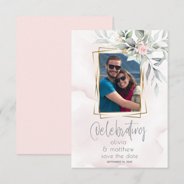 Invitation Mariage | Cadre photo floral rose pâle (Devant / Derrière)