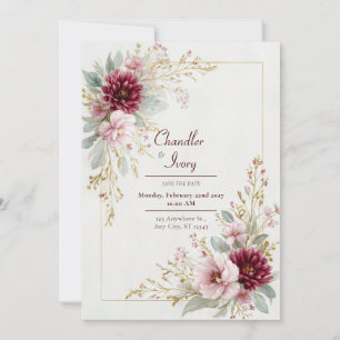 Invitation Mariage Cadre Rose Gold Rose Dahlia Bourgogne
