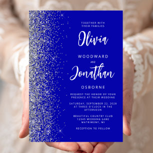 Invitation Mariage Calligraphie Bleu Royal Pailleté Argent