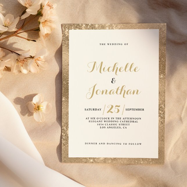 Invitation Mariage calligraphie de script de cadre de scintil (Glam gold glitter frame script calligraphy Wedding)