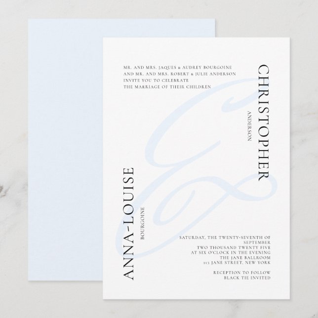 Invitation Mariage Calligraphié Élégant avec Ampersand Bleu F (Devant / Derrière)