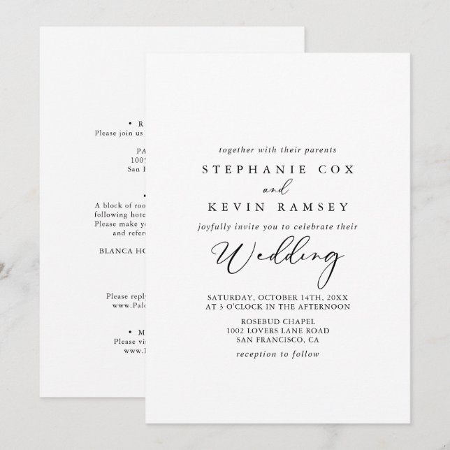 Invitation Mariage calligraphié idyllique et élégant recto et (Devant / Derrière)