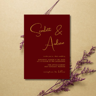 Invitation Mariage calligraphié moderne minimal or burgundy