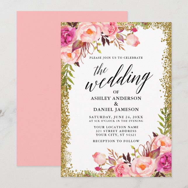 Invitation Mariage Calligraphie or Parties scintillant rose f (Devant / Derrière)
