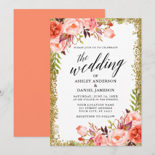 Invitation Mariage Calligraphie Parties scintillant or Coral 