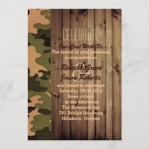 Invitation mariage camouflage western country bois de grange 