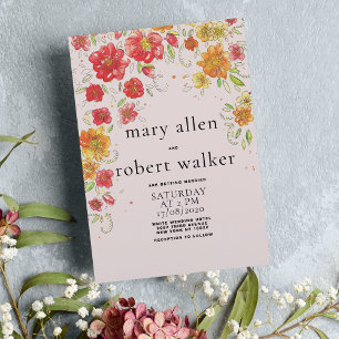 Invitation Mariage campagnard à fleurs rose rouge orange